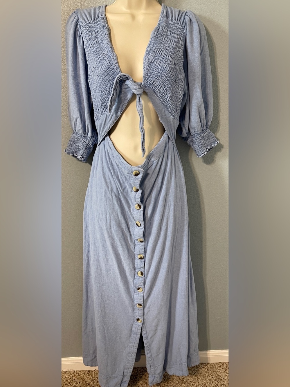 Free People String Of Hearts Blue Maxi Dress Smocked Front Cut Out Medium